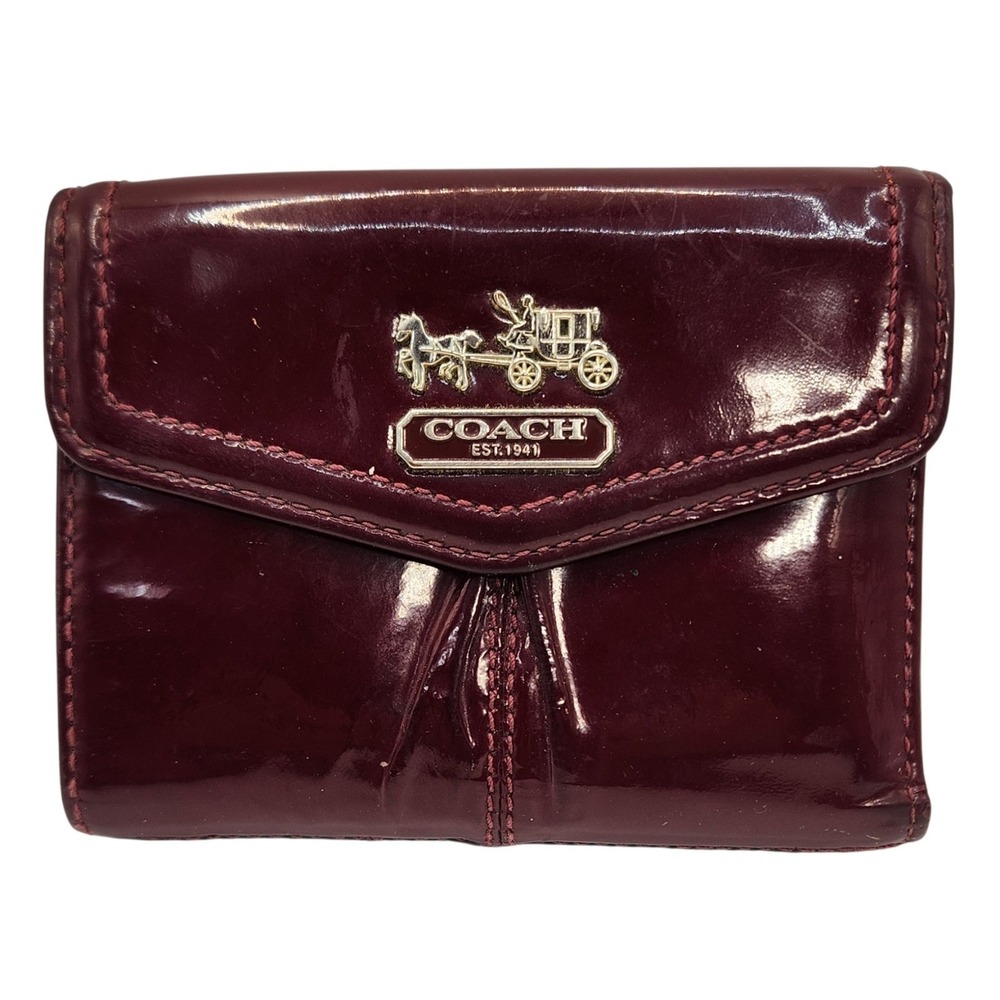 Coach Burgundy Patent Leather Tri Fold Wallet Coin Zip Checkbook Organizer Horse